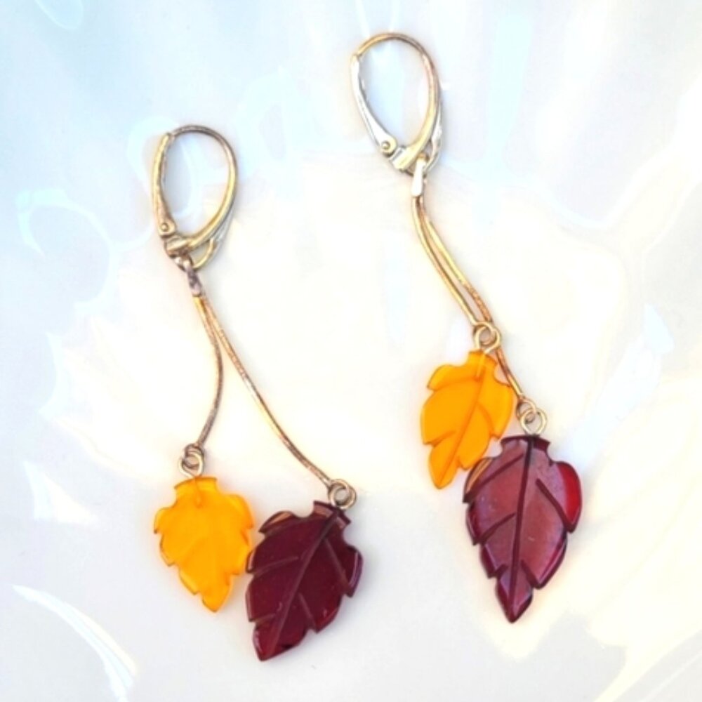 Vintage Sterling Silver Amber Glass Leaf Drop Dangle Fall Autumn Earrings